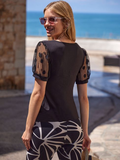 Maglia Donna Elegante con Maniche a Pois in Tulle